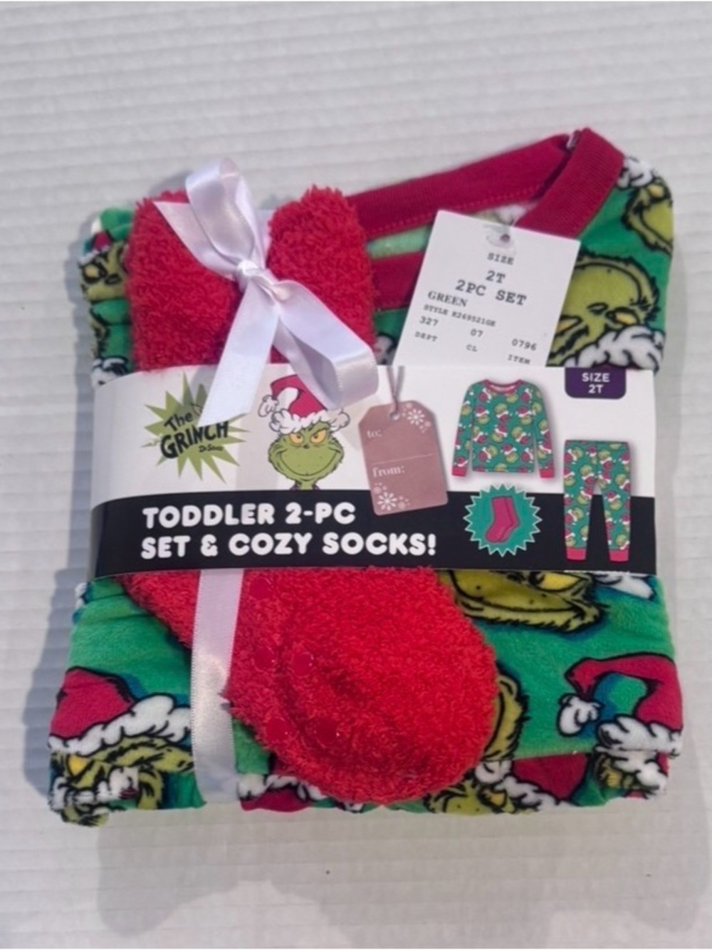 Komar Kids Green Grinch Toddler 2-Piece Pajama Set with Red Cozy Socks 2T